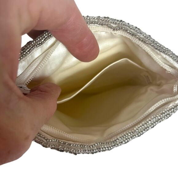 Beaded Silver Metallic Evening Bag with Chain Shoulder Strap Zip Closure Small - Picture 7 of 11